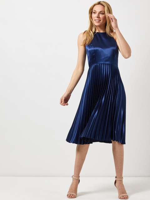 

DOROTHY PERKINS Women Navy Blue Solid Accordion Pleat Fit & Flare Dress