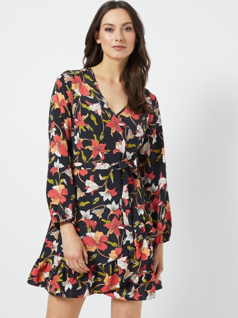 

DOROTHY PERKINS Women Black & Peach-Coloured Floral Print Wrap Dress