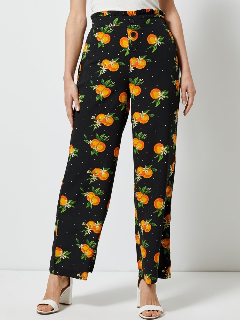 

DOROTHY PERKINS Women Black & Orange Regular Fit Printed Trousers