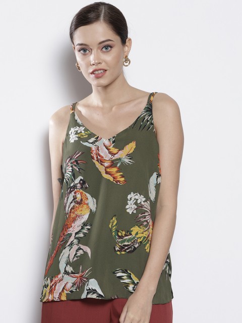 

DOROTHY PERKINS Women Olive Green Printed Styled Back Top