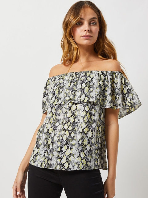 

DOROTHY PERKINS Women Petite Black & Grey Animal Print Bardot Top