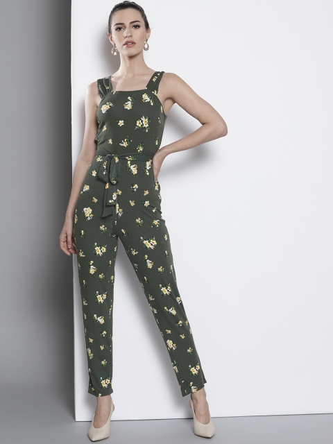

DOROTHY PERKINS Women Olive Green & Yellow Floral Print Basic Jumpsuit