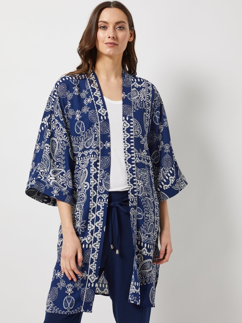

DOROTHY PERKINS Navy Blue & White Printed Open Front Shrug