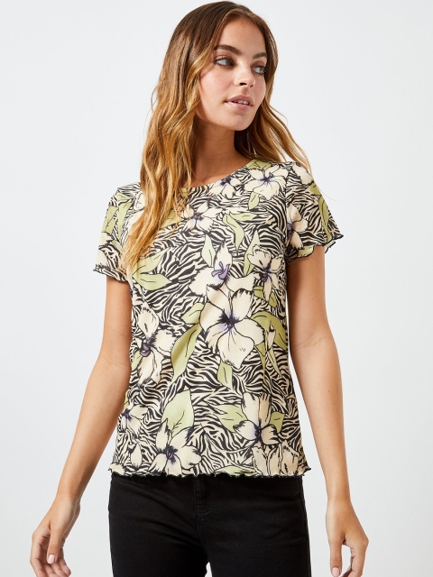 

DOROTHY PERKINS Women Petite Cream-Coloured & Black Printed Round Neck T-shirt