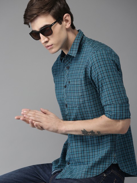 

THE BEAR HOUSE Men Green & Navy Blue Regular Fit Checked Casual Shirt