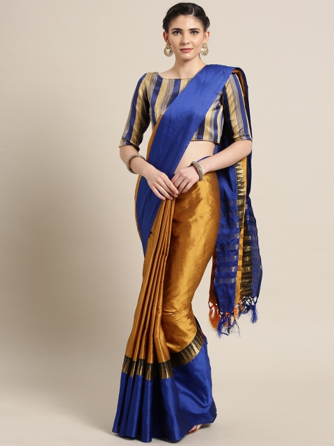 

Saree mall Women Mustard Yellow & Blue Solid Saree