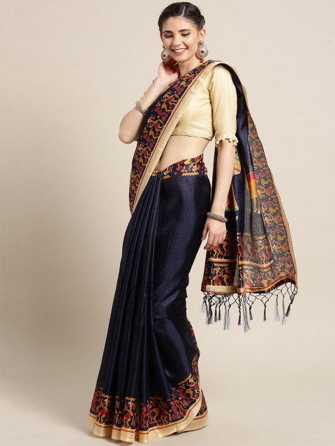 

Saree mall Navy Blue & Mustard Yellow Solid Saree