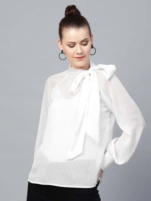 

Femella Women White Semi-Sheer Striped Top