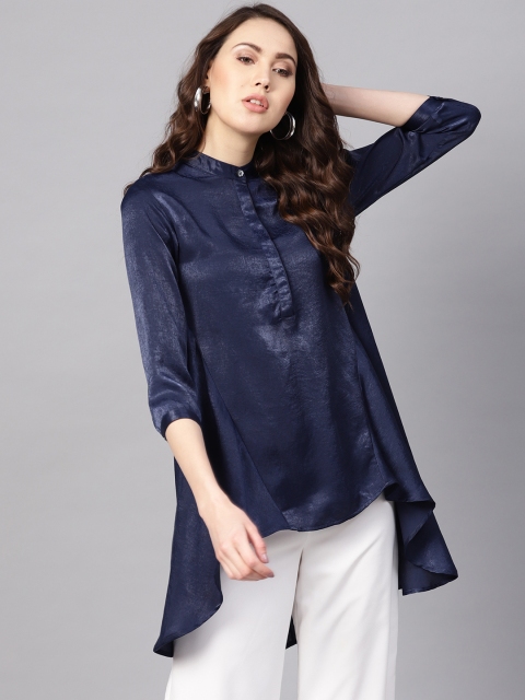 

Femella Navy Blue Solid Sheen Effect High-Low Tunic