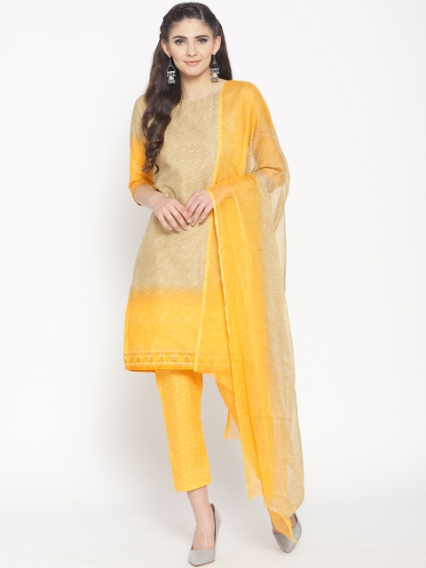 

Saree mall Beige & Yellow Printed Unstitched Dress Material with Dupatta