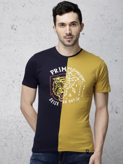 

Ecko Unltd Men Navy Blue & Mustard Yellow Printed Round Neck T-shirt