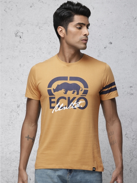 

Ecko Unltd Men Mustard Yellow & Navy Blue Printed Round Neck T-shirt