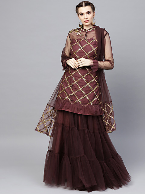 

Chhabra 555 Burgundy Zari Embroidered Made to Measure Kurta Set with Dupatta