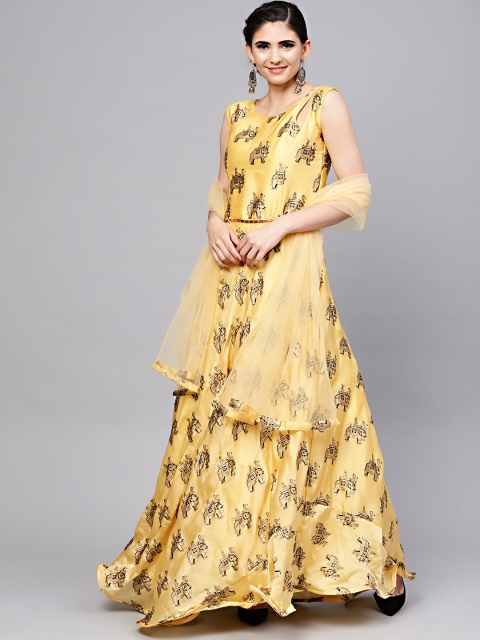 

Chhabra 555 Women Yellow Printed Stitched Made to Measure Cocktail Gown with Dupatta