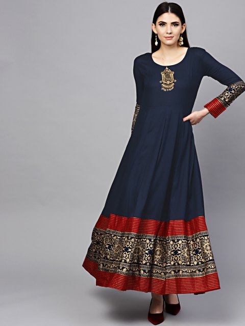 

Chhabra 555 Women Navy Blue Printed Detail Maxi Dress