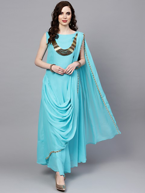 

Chhabra 555 Women Turquoise Blue Solid Maxi Dress with Attached Pallu & Necklace