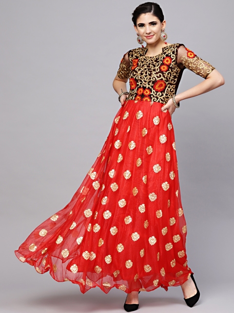 

Chhabra 555 Women Red & Golden Zari Woven Maxi Dress
