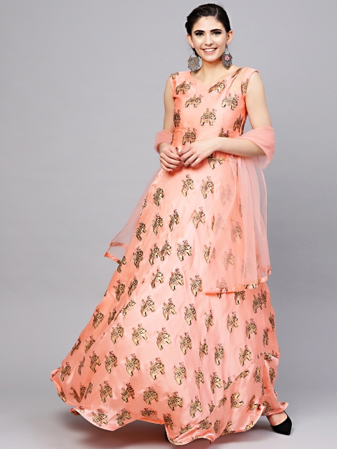 

Chhabra 555 Women Made to Measure Peach-Coloured & Gold Printed Cocktail Gown with Dupatta