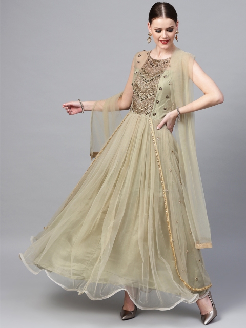 

Chhabra 555 Green & Golden Embellished Made to Measure Cocktail Gown With Dupatta
