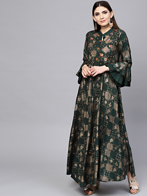 

Chhabra 555 Women Green & Golden Foil Print Maxi Fit & Flare Dress