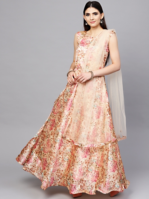 

Chhabra 555 Beige & Pink Printed Made to Measure Cocktail Gown With Dupatta