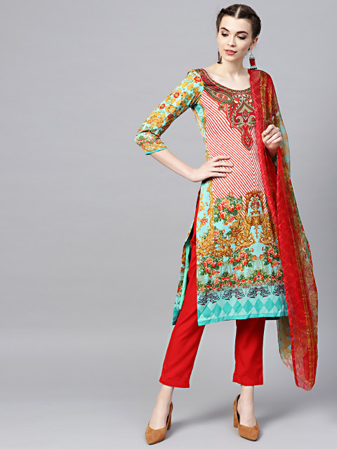 

Chhabra 555 Blue & Red Printed Made to Measure Kurta Set with Dupatta
