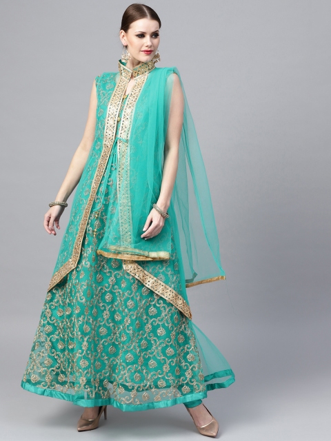 

Chhabra 555 Women Green & Golden Made to Measure Zari Embroidered Kurat Set