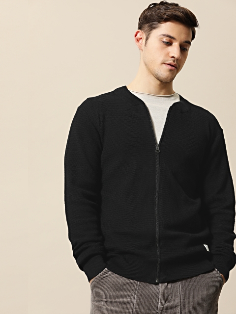 

Mr Bowerbird Men Black Tailored Fit Self Design Front-Open Sweater