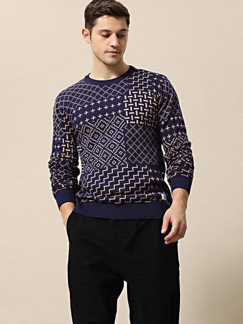 

Mr Bowerbird Men Navy Blue & Beige Tailored Fit Self Design Pullover Sweater