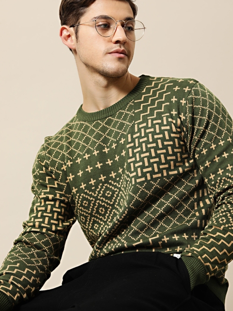 

Mr Bowerbird Men Olive Green & Beige Tailored Fit Self Design Pullover Sweater