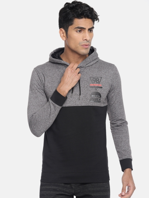 

Mufti Men Black & Grey Colourblocked Hooded Sweatshirt