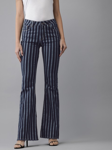 

Moda Rapido Women Blue Bootcut Mid-Rise Clean Look Stretchable Striped Jeans