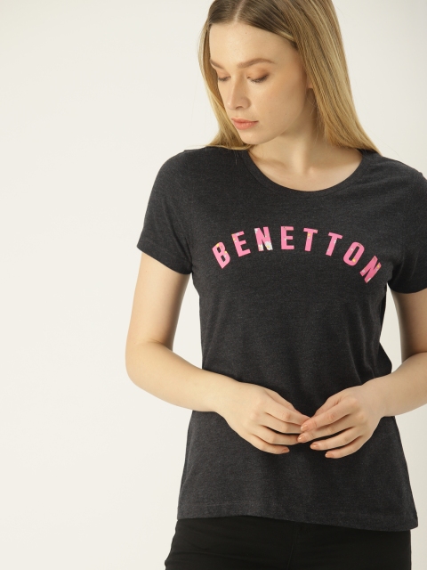 

United Colors of Benetton Women Charcoal Grey Printed Round Neck T-shirt