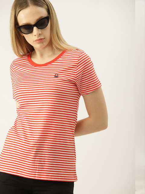 

United Colors of Benetton Women Orange & White Striped Round Neck T-shirt