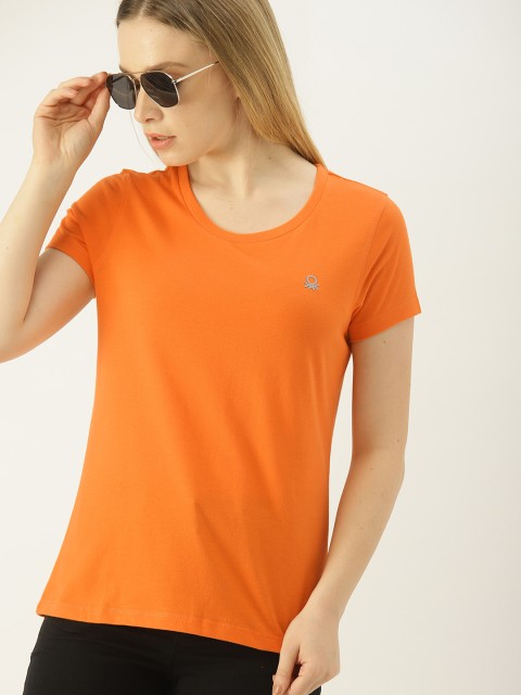

United Colors of Benetton Women Orange Solid Round Neck T-shirt