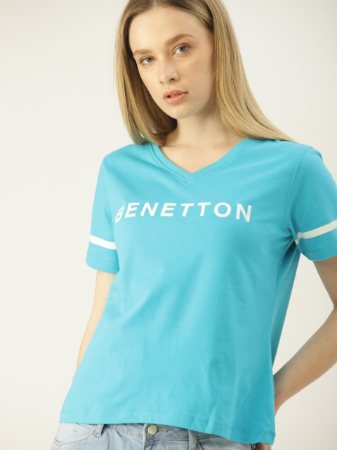 United Colors of Benetton Women Blue Printed V-Neck Neck T-shirt