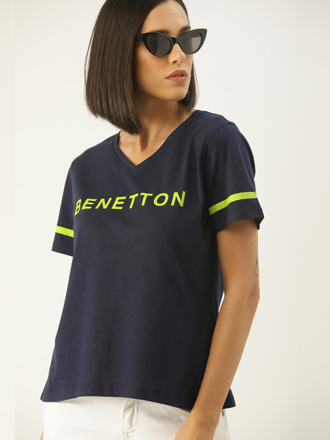 

United Colors of Benetton Women Navy Blue Printed V-Neck T-shirt