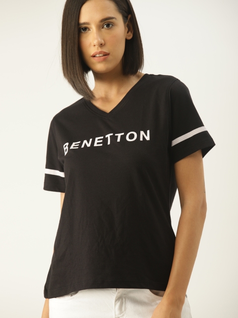 

United Colors of Benetton Women Black Printed V-Neck T-shirt