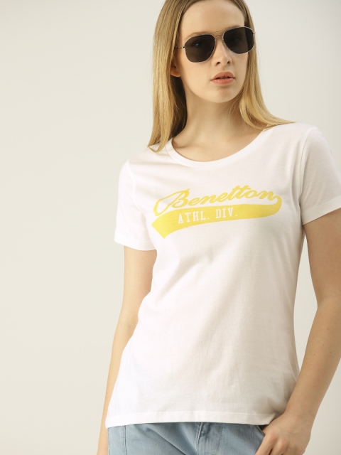 

United Colors of Benetton Women White & Yellow Printed Round Neck T-shirt