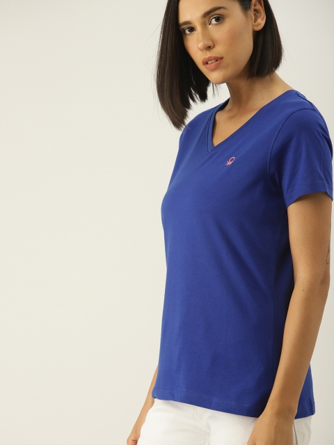 

United Colors of Benetton Women Blue Solid V-Neck T-shirt
