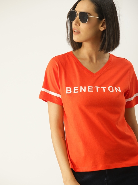 

United Colors of Benetton Women Orange Printed V-Neck T-shirt