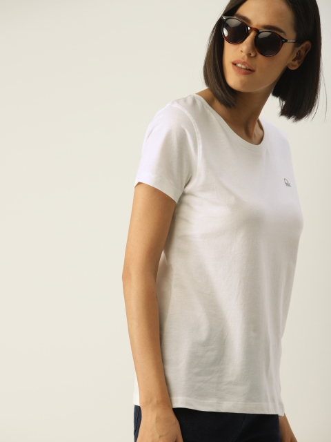 

United Colors of Benetton Women White Solid Round Neck T-shirt