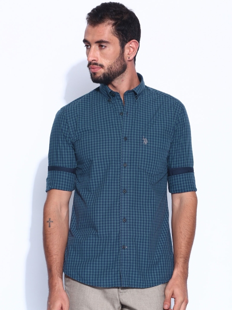 

U.S. Polo Assn. Navy & Green Checked Tailored Fit Shirt, Navy blue