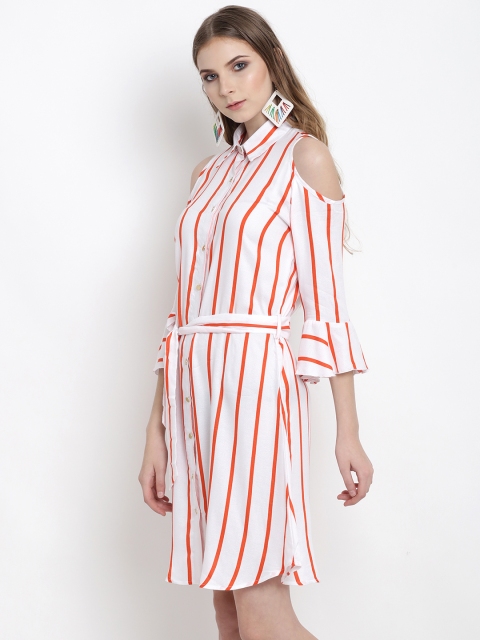 

Lady Stark Women White & Orange Striped Shirt Dress