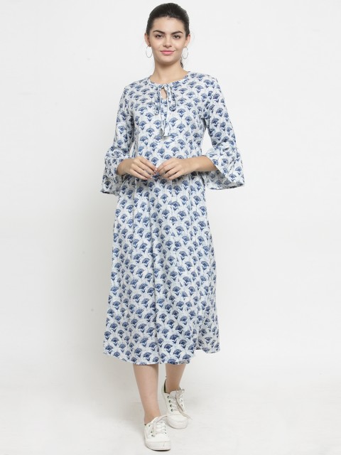 

Color Cocktail Women White Printed Fit and Flare Dress