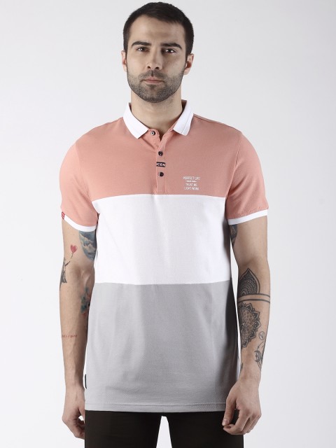 

Rex Straut Jeans Men Peach-Coloured & White Colourblocked Polo Collar T-shirt