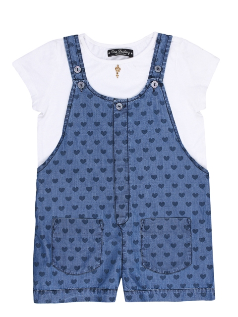 

One Friday Girls Blue & White Chambray Printed Playsuit
