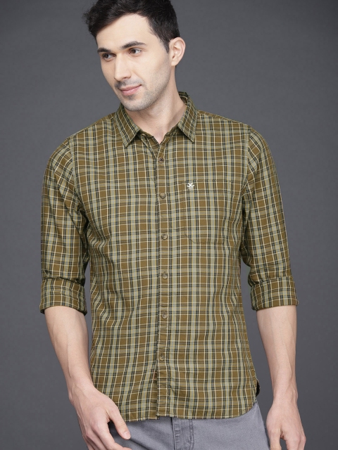 

WROGN Men Olive Green Slim Fit Checked Casual Shirt, Brown