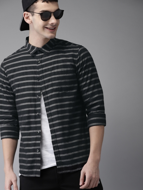 

HERE&NOW Men Black & Grey Slim Fit Striped Casual Shirt