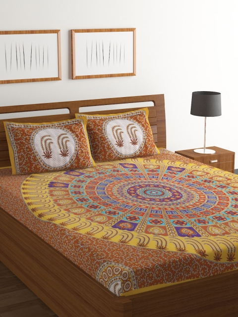 

Ispace Brown & Mustard Yellow Printed 104 TC Cotton 1 Queen Bedsheet with 2 Pillow Covers